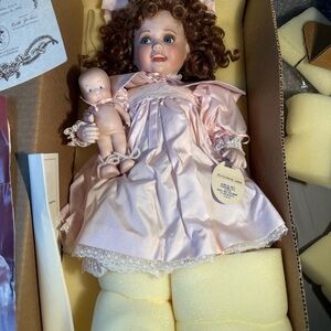 Vintage 1994 Elizabeth Anne Pink Porcelain Doll with Baby Doll with COA